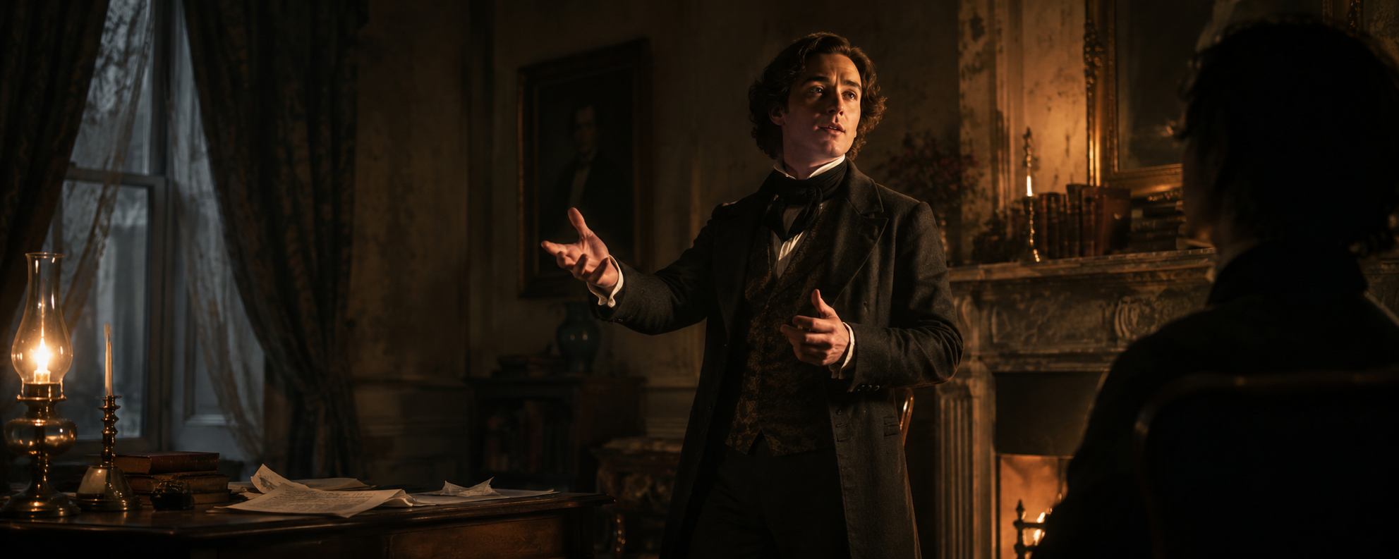 Victorian speaker gestures in a lamplit study towards a silent listener seated in shadow.
