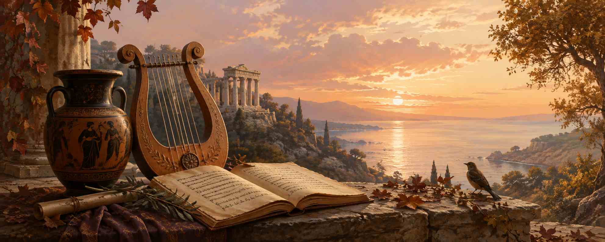 A Greek vase, lyre and open manuscript overlook a sunlit classical landscape with autumn leaves and a bird.