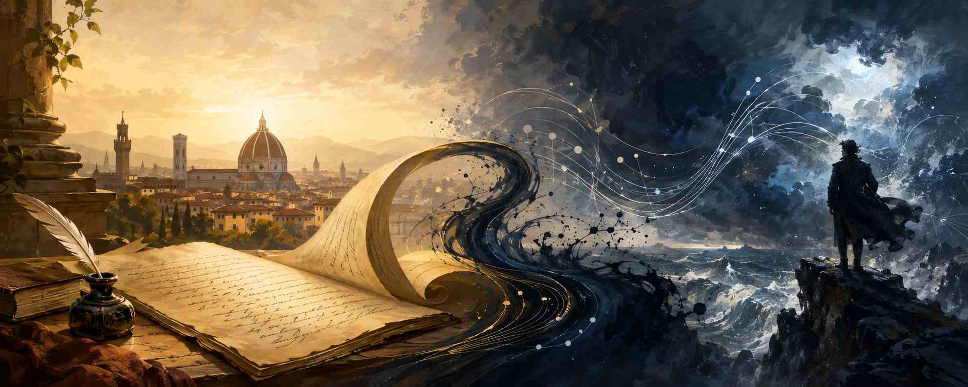 A manuscript page curls from a sunlit Italian city towards a stormy sea, with flowing musical lines marking the turn.